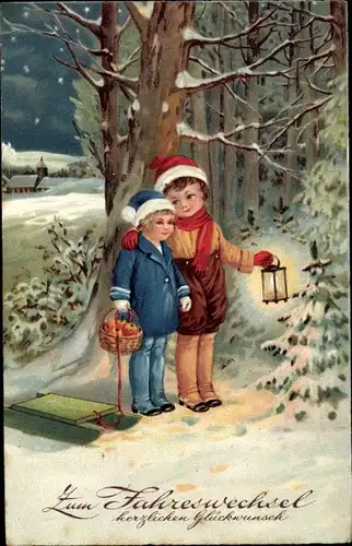 Ak Glückwunsch Neujahr, Kinder im Wald, Handlaterne, Schlitten