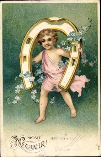 Präge Ak Glückwunsch Neujahr, Engel mit Hufeisen, Vergissmeinnicht