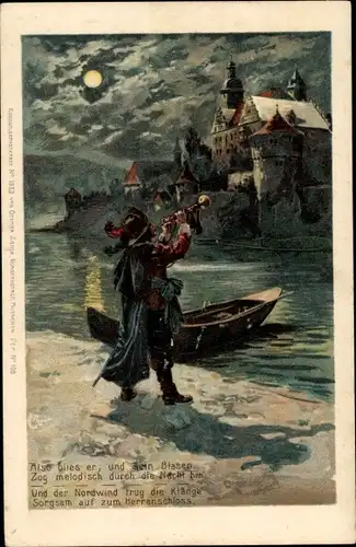 Präge Mondschein Litho Trompeter von Säckingen, Ruderboot