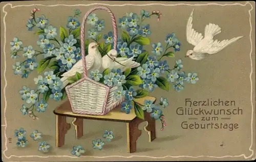 Ak Glückwunsch Geburtstag, Tauben, Korb, Vergissmeinnicht