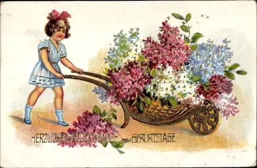 Ak Glückwunsch Geburtstag, Mädchen, Schubkarre, Blumen
