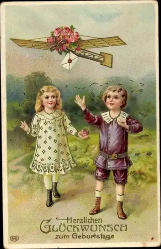 Ak Glückwunsch Geburtstag, Kinder, Flugzeug, Rosen