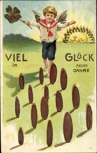 Präge Ak Glückwunsch Neujahr, Engel, Münzen, Glücksklee, Sonnenschein