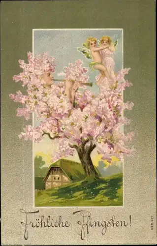 Präge Ak Glückwunsch Pfingsten, Blühender Baum, Tanzende Engel