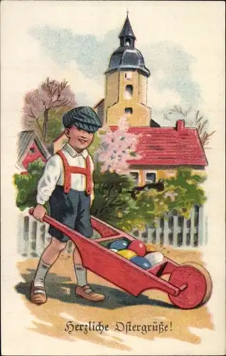 Ak Glückwunsch Ostern, Kind, Schubkarre, Ostereier