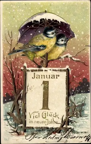 Präge Ak Glückwunsch Neujahr, Kalender, Meisen unter einem Schirm