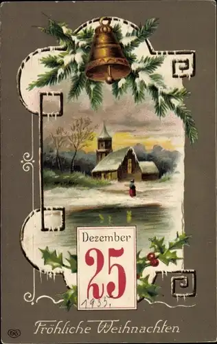 Präge Ak Glückwunsch Weihnachten, Kalender, Stechpalme, Glocke, Tannenzweige