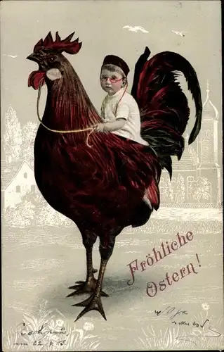 Ak Glückwunsch Ostern, Junge reitet auf einem Hahn