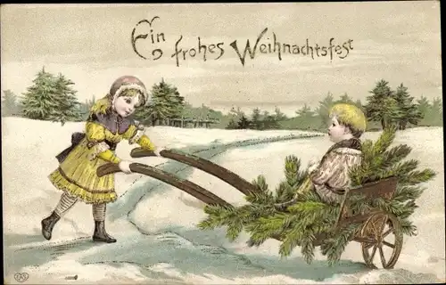 Präge Ak Glückwunsch Weihnachten, Kinder, Schubkarre, Tannenzweige