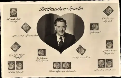 Ak Briefmarkensprache, Männerportrait, Herz, Kitsch