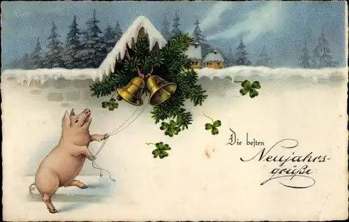 Ak Glückwunsch Neujahr, Schwein, Glocken, Glücksklee