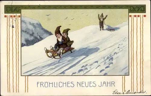 Ak Glückwunsch Neujahr, Zwerge, Schlittenfahrt