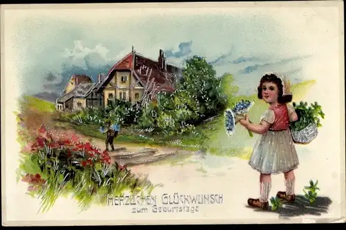 Ak Glückwunsch Geburtstag, Kinder, Blumenstrauß, Glücksklee