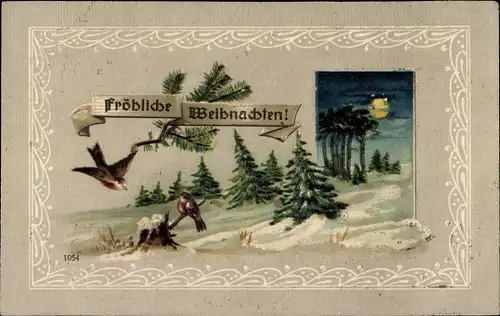 Präge Ak Glückwunsch Weihnachten, Tannenbäume, Vögel