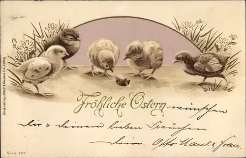 Präge Litho Glückwunsch Ostern, Küken, Blumen