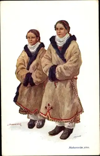 Künstler Ak Makarewicz, Zwei Mädchen in russischen Trachten, Wintermäntel
