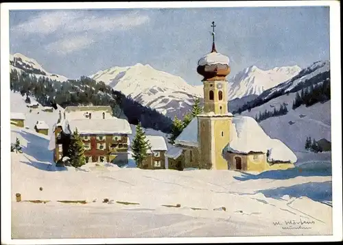 Künstler Ak Märtens, Max, Gargellen Montafon Vorarlberg, Kirche, Hotel, Winter