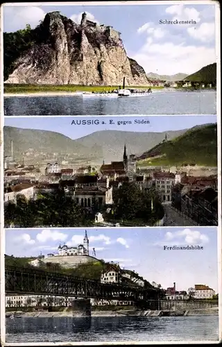 Ak Strekov Schreckenstein Ústí nad Labem Aussig Elbe Stadt, Dampfer, Panorama, Ferdinandshöhe