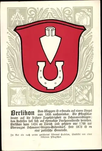 Wappen Ak Oerlikon Zürich Stadt Schweiz, Pflugschar, Hufeisen