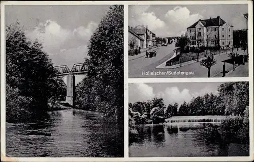 Ak Holýšov Holleischen Region Pilsen, Eisenbahnbrücke, Straßenpartie, Wehr