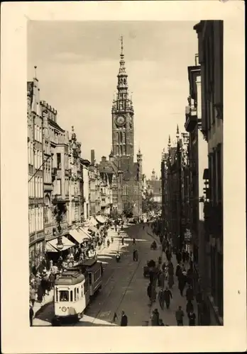 Ak Gdańsk Danzig, Langgasse, Turm, Straßenbahn