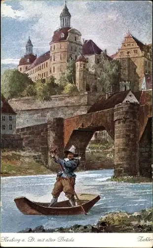 Künstler Ak Zahler, Neuburg an der Donau Oberbayern, Bootspartie bei der alten Brücke