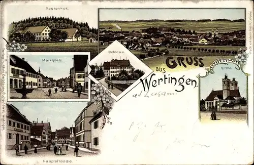 Litho Wertingen in Nordschwaben, Reutenhof, Marktplatz, Hauptstraße, Schloss, Kirche