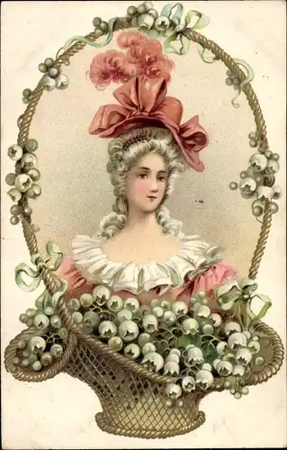 Ak Portrait einer Frau mit Hut, Korb, Maiglöckchen