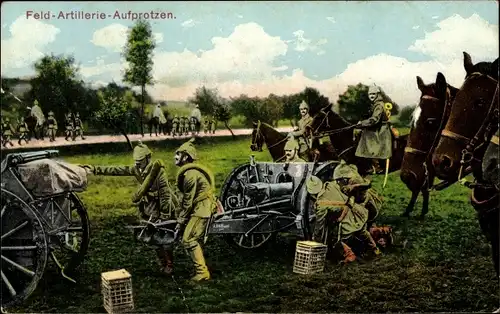 Ak Feldartillerie, Aufprotzen, Soldaten, Geschütze, I. WK