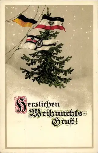Ak Glückwunsch Weihnachten, Tannenbaum, Schneefall, Fahnen