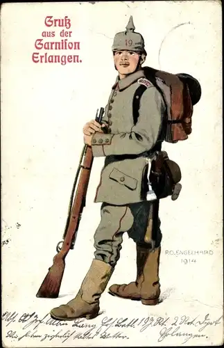 Künstler Ak Engelhard, P. O., Deutscher Soldat in Uniform, Gruß aus der Garnison Erlangen