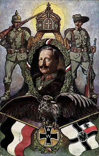 Künstler Ak Kaiser Wilhelm II., Kolonialkriegerdank, Soldaten, Fahnen, Adler