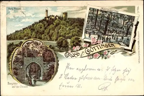 Litho Göttingen in Niedersachsen, Burg Plesse, Mariaspring, Panorama