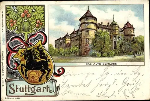 Künstler Wappen Litho Stuttgart in Württemberg, Altes Schloss