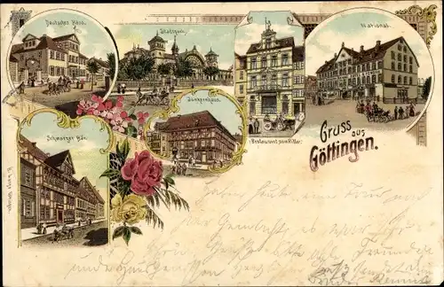 Litho Göttingen in Niedersachsen, Restaurant zum Ritter, Deutsches Haus, Schwarzer Bär