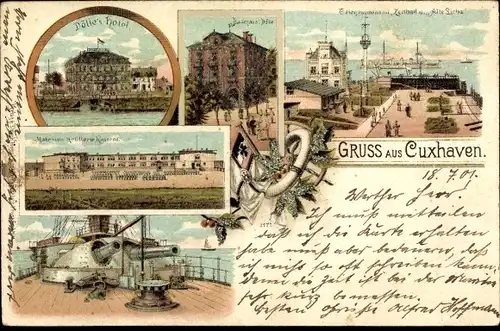 Glitzer Litho Nordseebad Cuxhaven, Matrosen-Artillerie-Kaserne, Kriegsschiff, Wappen