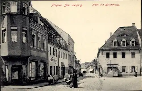 Ak Mügeln in Sachsen, Markt mit Hauptstraße, Geschäfte