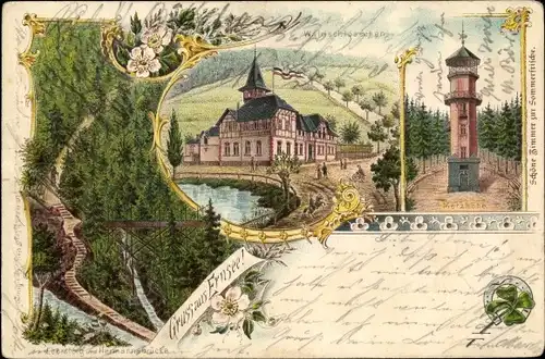 Litho Ernsee Gera in Thüringen, Aussichtsturm Metzhöhe, Waldschlösschen, Ebersteig, Hermannsbrücke