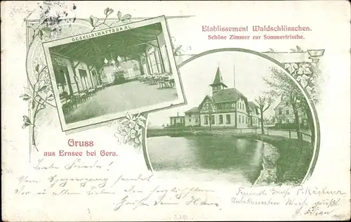 Ak Ernsee Gera in Thüringen, Etablissement Waldschlösschen, Gesellschaftssaal