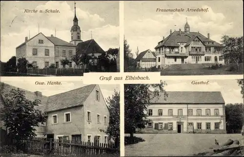 Ak Elbisbach Frohburg in Sachsen, Kirche, Schule, Frauenschule Arvedshof, Gasthof, Haus Osw. Hanke