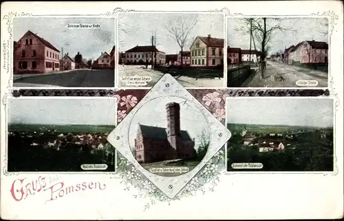 Ak Pomßen Parthenstein in Sachsen, Schloss, Gesamtansicht, Gasthaus, Teilansichten