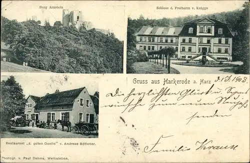 Ak Harkerode Arnstein Kreis Mansfeld Südharz, Burg, Restaurant zur guten Quelle, Schloss Knigge