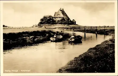 Ak Hallig Hooge in Nordfriesland, Kirchwarf, Ruderboot