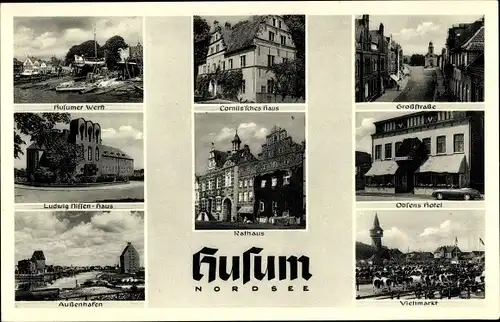 Ak Husum in Nordfriesland, Rathaus, Viehmarkt, Außenhafen, Husumer Werft, Cornils'sches Haus