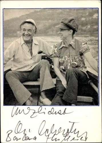 Autogrammkarte Schauspieler Carl Heinz Schroth und Barbara Hutterer, Portrait, Autogramm