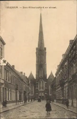 Ak Izegem Iseghem Westflandern, Sint Hilonius Kerk en straat