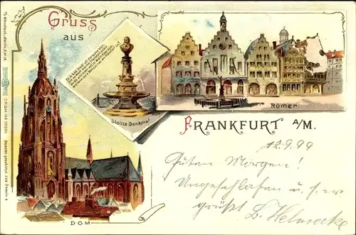 Litho Frankfurt am Main, Römer, Dom, Stoltze Denkmal