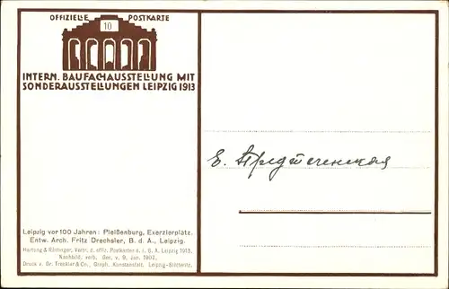 Künstler Ak Dörffel, Leipzig in Sachsen, Baufachausstellung 1913, Pleissenburg, Exerzierplatz