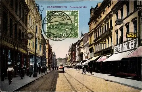 Ak Saarbrücken im Saarland, Bahnhofstraße, Geschäft Salamander, Sänger, Morgenstern, Straßenbahn