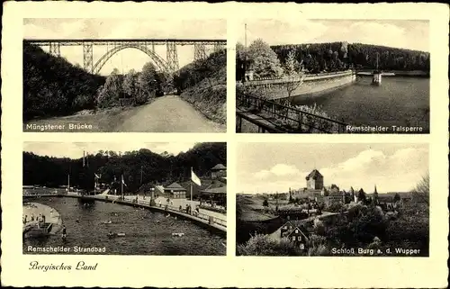 Ak Solingen, Müngstener Brücke, Remscheider Talsperre, Strandbad, Schloss Burg